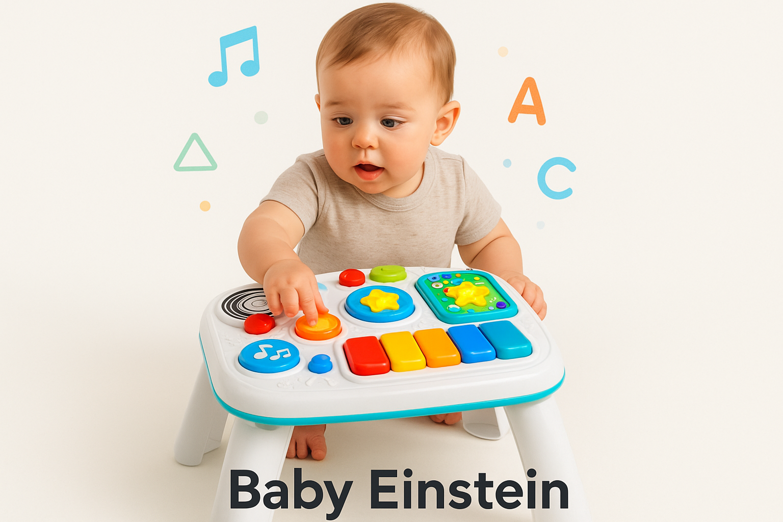 Baby Einstein brand image featuring a baby with educational activity table
