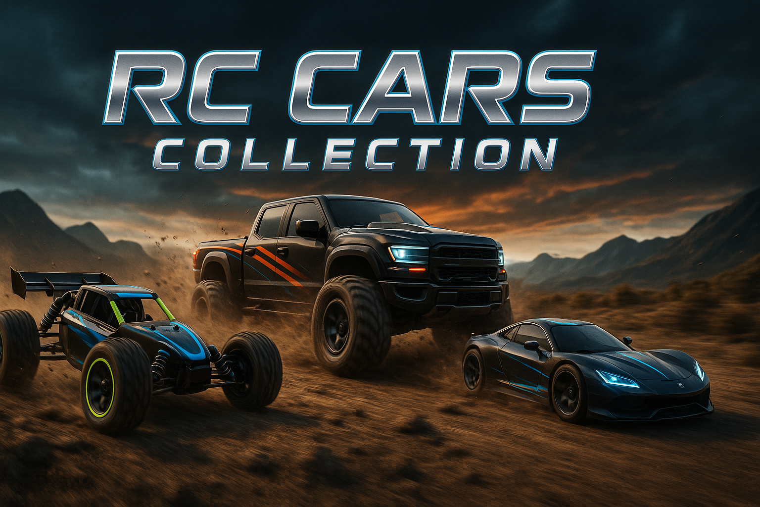 Wide horizontal web banner featuring multiple RC cars in action on rugged terrain, with "RC CARS COLLECTION" text in a tech-inspired metallic font, using a color scheme of blacks, grays, and electric blue accents