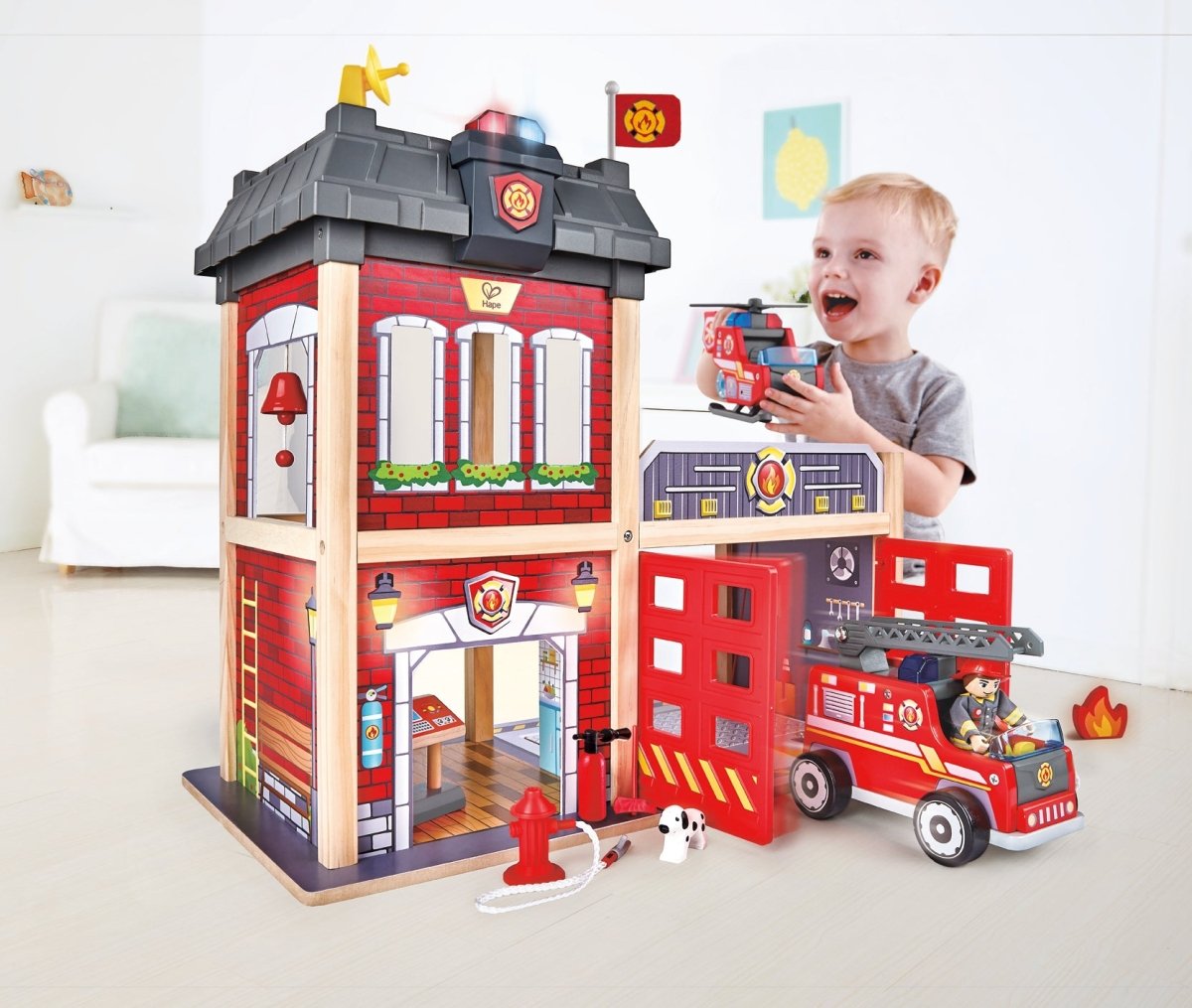 Hape Multi - Level City Fire Station & Fire Engine Toy - Premium for Kids in Qatar | Toysaro.com