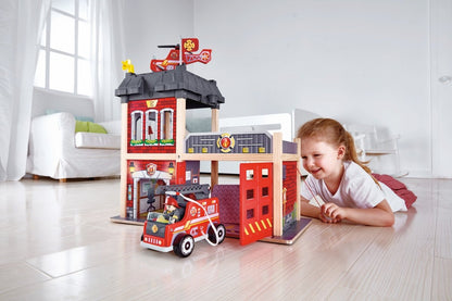 Hape Multi - Level City Fire Station & Fire Engine Toy - Premium for Kids in Qatar | Toysaro.com