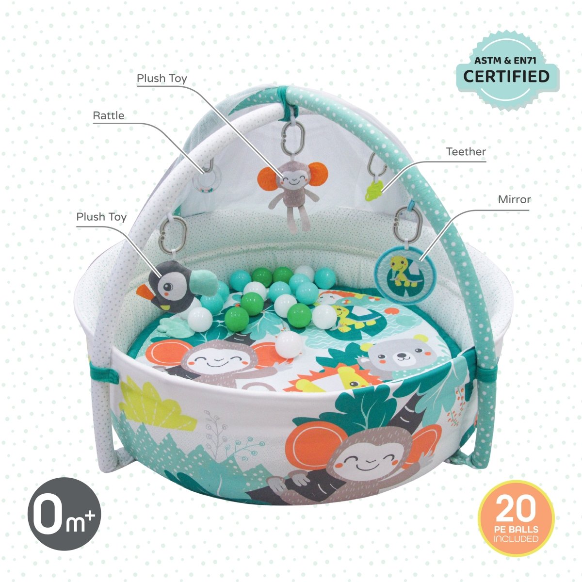 Moon Jungle Friends baby pool mat with mosquito net and 20 balls – activity gym and playmat for babies 0+ months