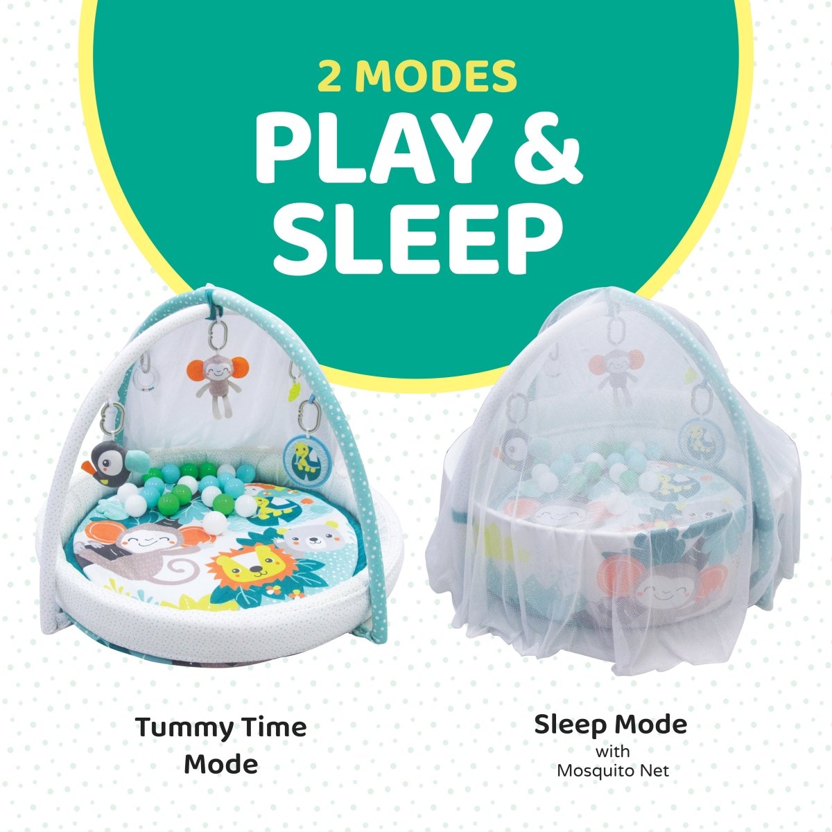 Moon Jungle Friends baby pool mat with mosquito net and 20 balls – activity gym and playmat for babies 0+ months