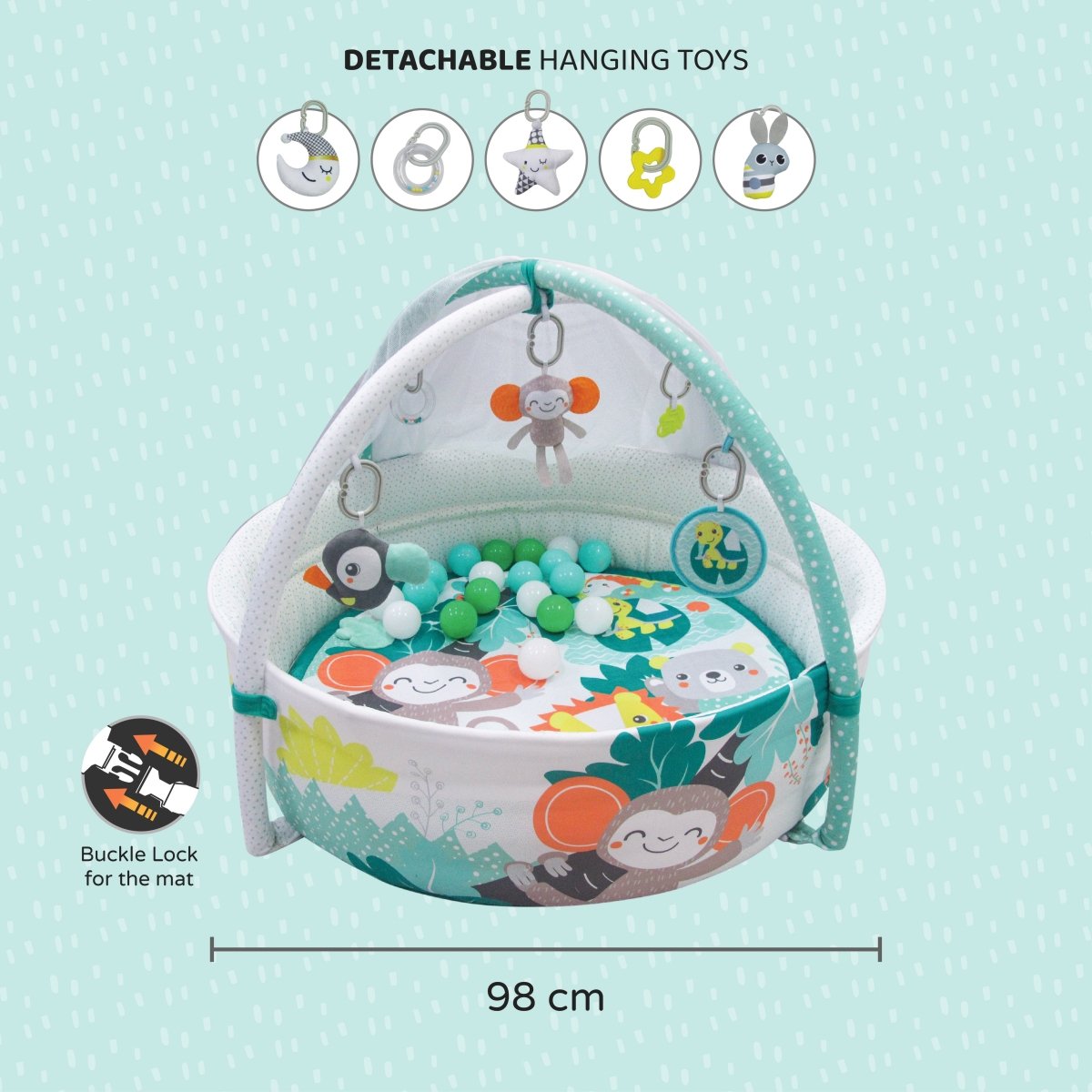 Moon Jungle Friends baby pool mat with mosquito net and 20 balls – activity gym and playmat for babies 0+ months