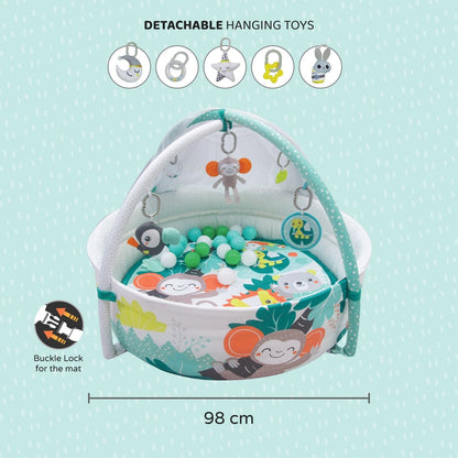 Moon Jungle Friends baby pool mat with mosquito net and 20 balls – activity gym and playmat for babies 0+ months