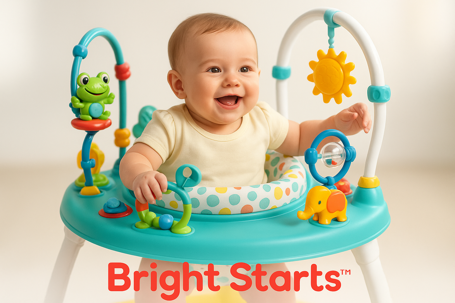 Bright Starts brand image featuring a baby with colorful activity center
