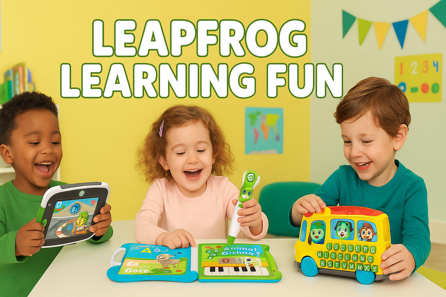 LeapFrog Learning Fun banner featuring children playing with educational toys in a colorful playroom setting