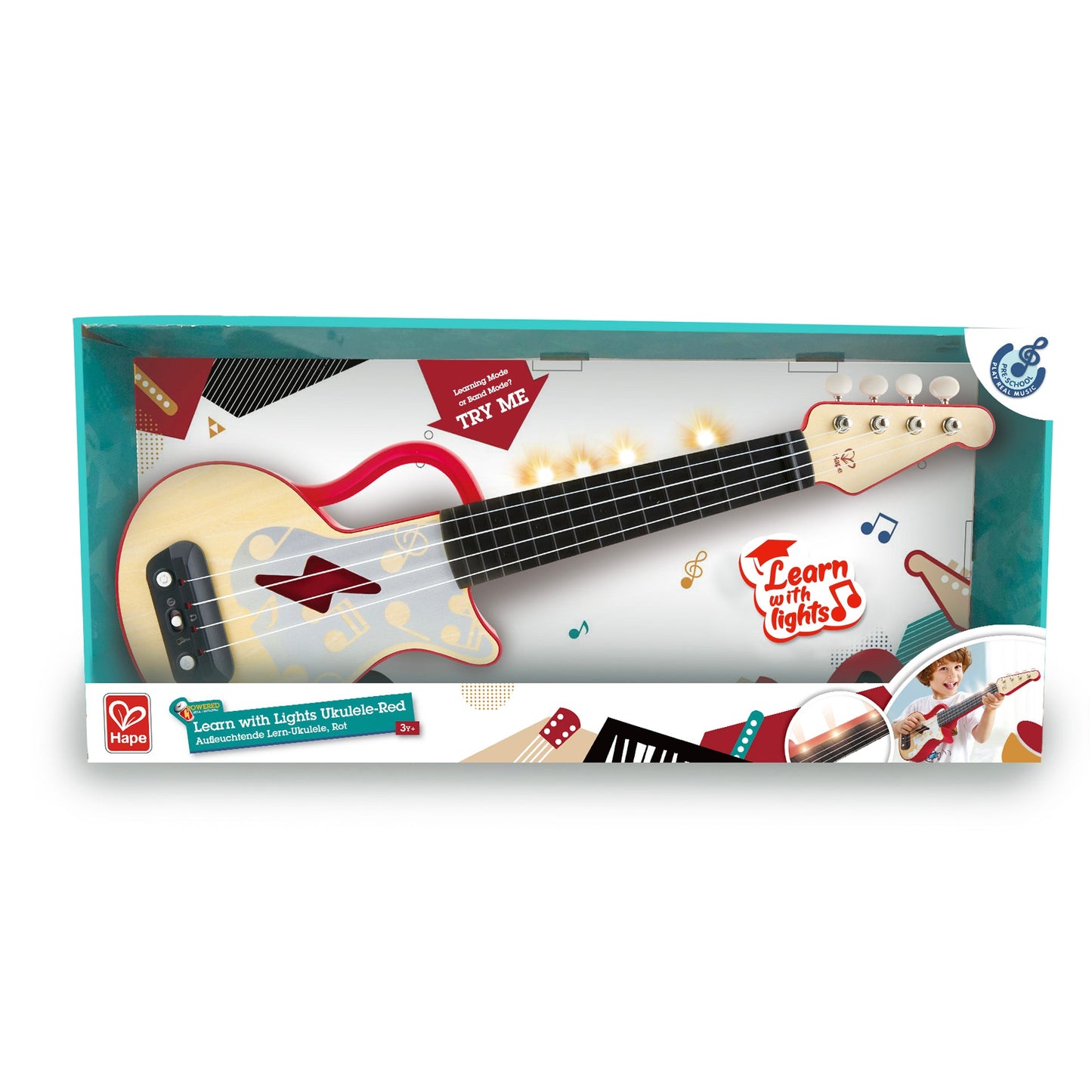 Hape Learn with Lights Electric Ukulele Wooden Instrument Red - Premium for Kids in Qatar | Toysaro.com