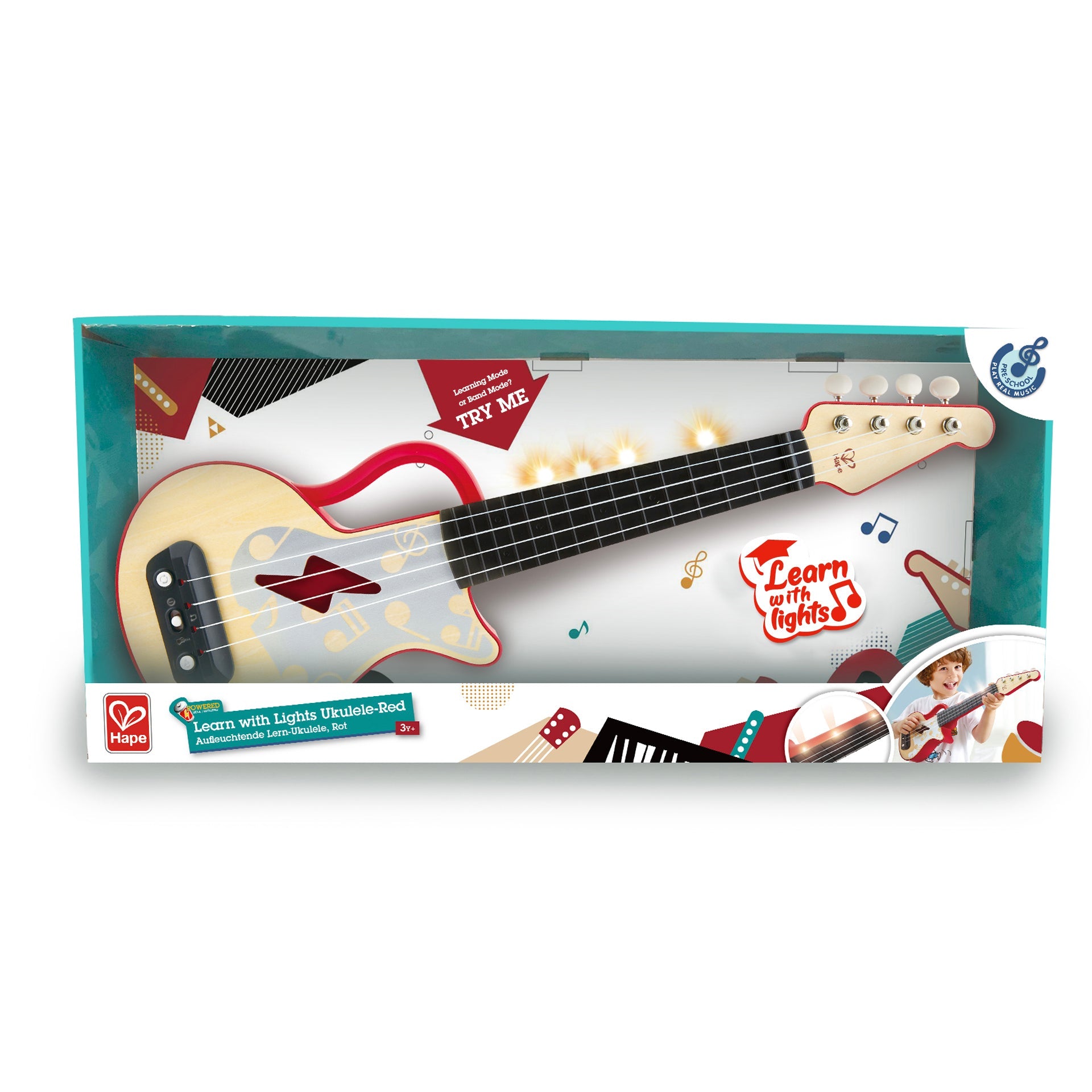 Hape Learn with Lights Electric Ukulele Wooden Instrument Red - Premium for Kids in Qatar | Toysaro.com