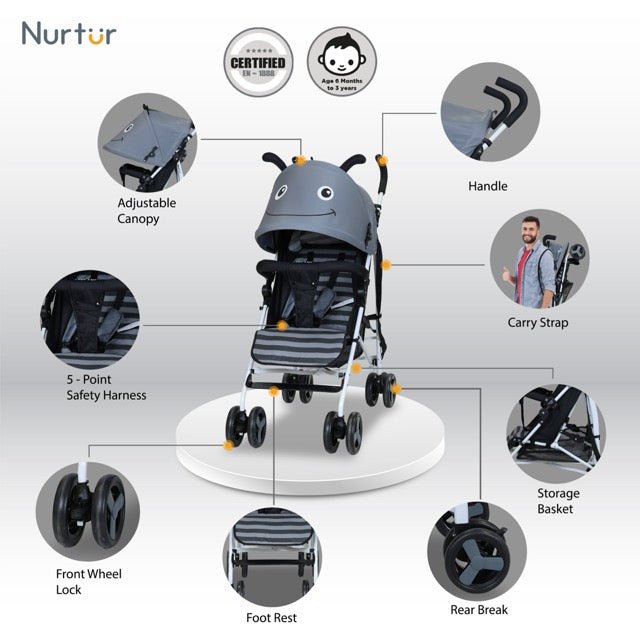 Nurtur Luca Character Baby/Kids Lightweight Stroller 0 36 Months, Storage Basket, Detachable Bumper, 5 Point Safety Harness, Compact Design with shoulder strap - Premium for Kids in Qatar | Toysaro.com