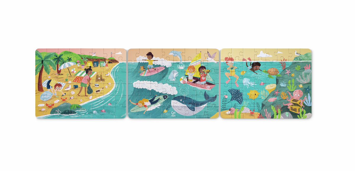 Hape 3 - in - 1 Ocean Friends Jigsaw Puzzle 78x20cm w/ Cotton Bag - Premium for Kids in Qatar | Toysaro.com