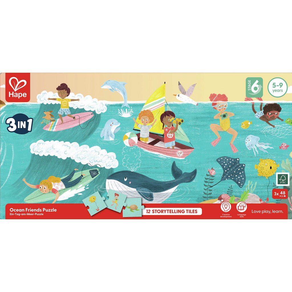 Hape 3 - in - 1 Ocean Friends Jigsaw Puzzle 78x20cm w/ Cotton Bag - Premium for Kids in Qatar | Toysaro.com