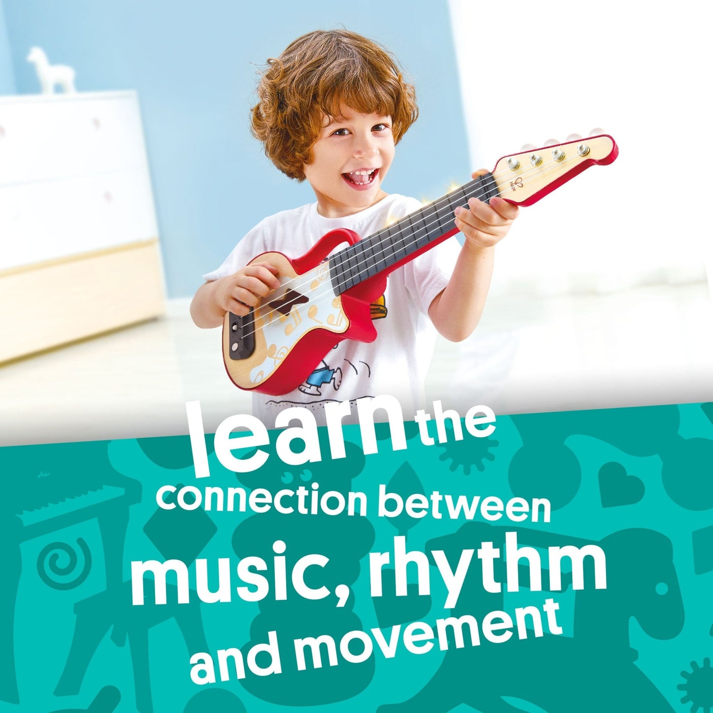 Hape Learn with Lights Electric Ukulele Wooden Instrument Red - Premium for Kids in Qatar | Toysaro.com