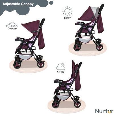 Nurtur Ryder Ultra Compact Lightweight Baby Travel Stroller with Storage Basket, Detachable Food Tray, Reclining Seat and Leg Rest, 0 - 36 Months, , Burgundy Printed - Premium for Kids in Qatar | Toysaro.com
