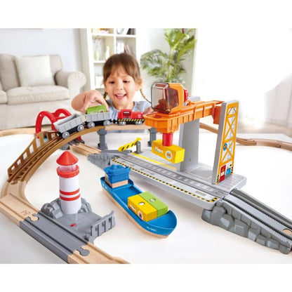 Hape Sea & Rail Cargo Transport Train and Railway Set 38pcs - Premium for Kids in Qatar | Toysaro.com