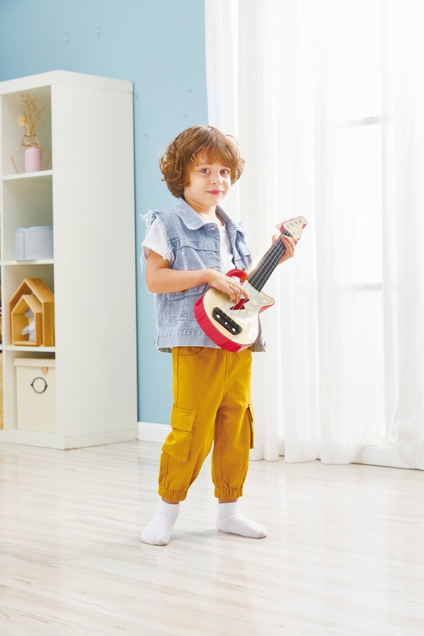 Hape Learn with Lights Electric Ukulele Wooden Instrument Red - Premium for Kids in Qatar | Toysaro.com