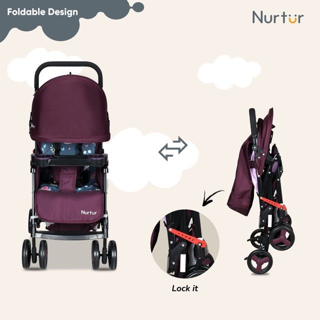 Nurtur Ryder Ultra Compact Lightweight Baby Travel Stroller with Storage Basket, Detachable Food Tray, Reclining Seat and Leg Rest, 0 - 36 Months, , Burgundy Printed - Premium for Kids in Qatar | Toysaro.com