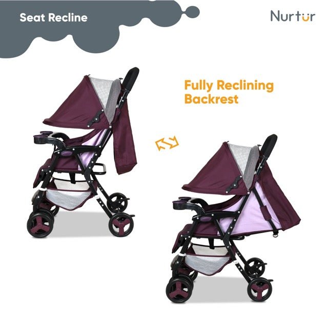 Nurtur Ryder Ultra Compact Lightweight Baby Travel Stroller with Storage Basket, Detachable Food Tray, Reclining Seat and Leg Rest, 0 - 36 Months, , Burgundy Printed - Premium for Kids in Qatar | Toysaro.com