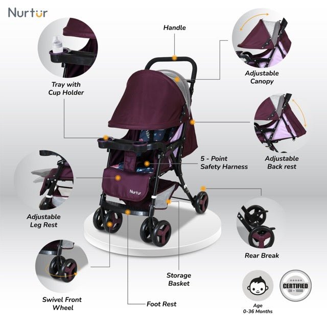 Nurtur Ryder Ultra Compact Lightweight Baby Travel Stroller with Storage Basket, Detachable Food Tray, Reclining Seat and Leg Rest, 0 - 36 Months, , Burgundy Printed - Premium for Kids in Qatar | Toysaro.com