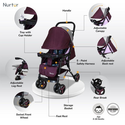 Nurtur Ryder Ultra Compact Lightweight Baby Travel Stroller with Storage Basket, Detachable Food Tray, Reclining Seat and Leg Rest, 0 - 36 Months, , Burgundy Printed - Premium for Kids in Qatar | Toysaro.com