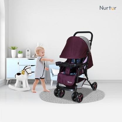 Nurtur Ryder Ultra Compact Lightweight Baby Travel Stroller with Storage Basket, Detachable Food Tray, Reclining Seat and Leg Rest, 0 - 36 Months, , Burgundy Printed - Premium for Kids in Qatar | Toysaro.com