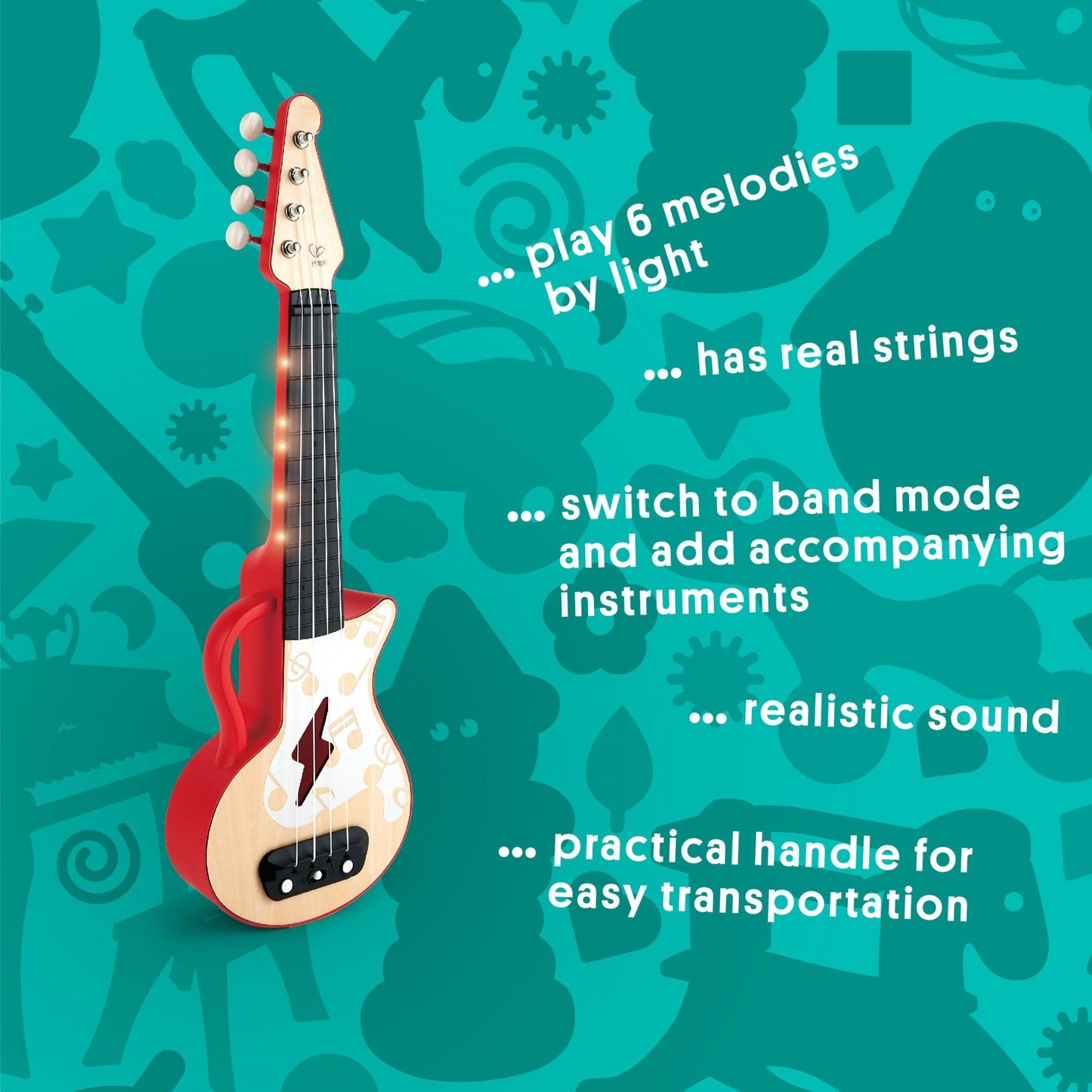 Hape Learn with Lights Electric Ukulele Wooden Instrument Red - Premium for Kids in Qatar | Toysaro.com
