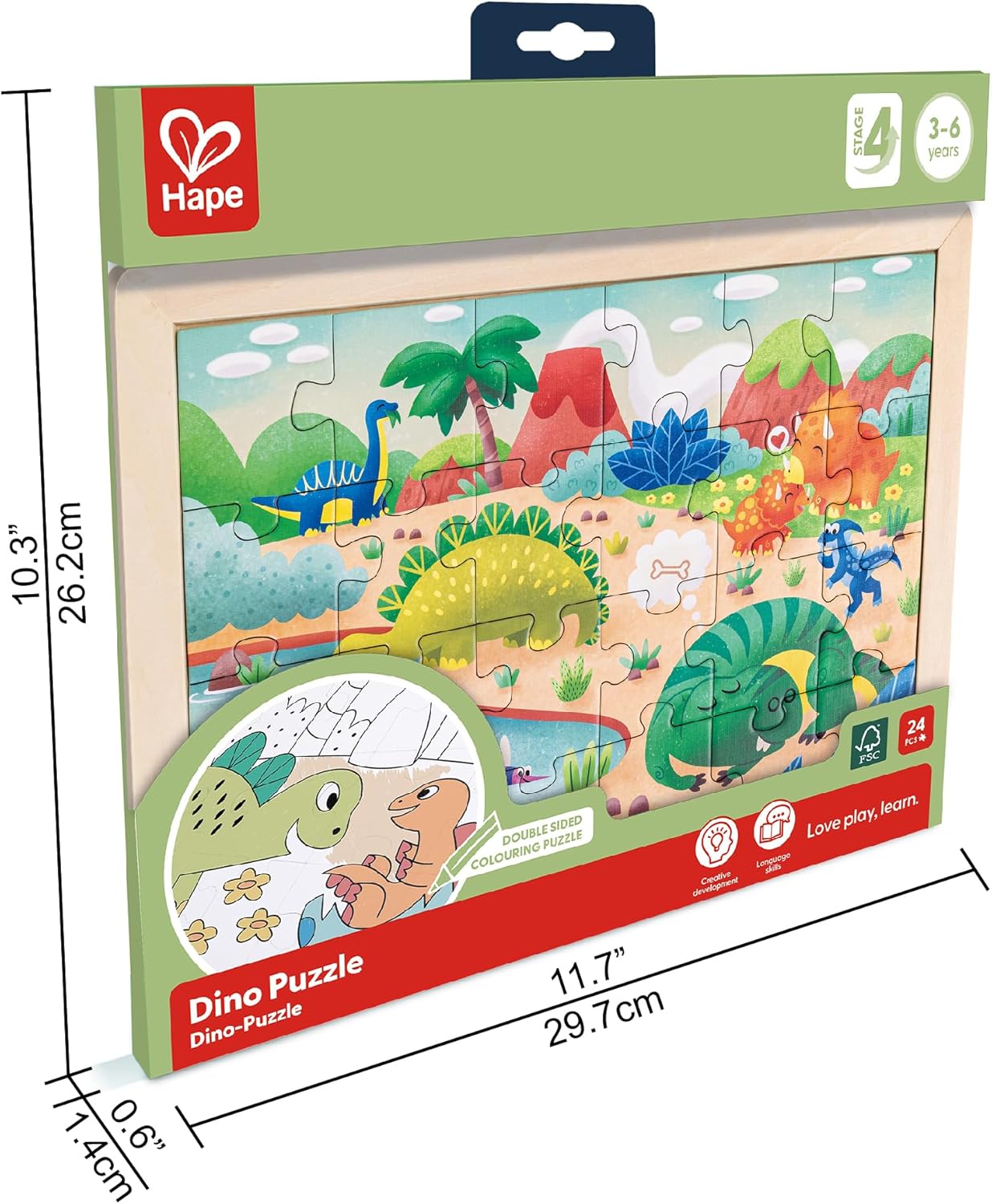 Hape Dinosaur Puzzle | Educational Double - Sided Colouring Jigsaw Puzzle for Kids, 24 pieces | Reversible Puzzle | Develops ‎Memory Skill, Creative Thinking, Color Recognition | 3Y+ - Premium for Kids in Qatar | Toysaro.com