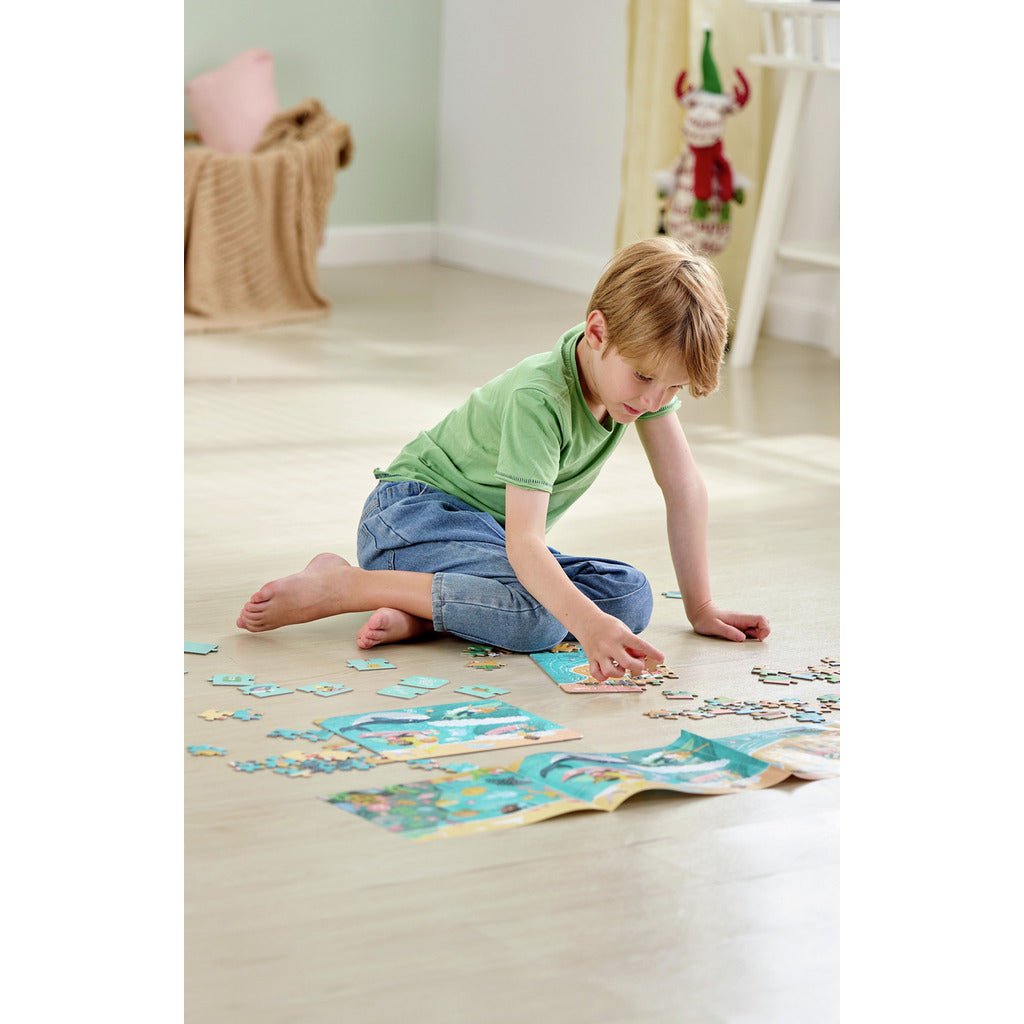 Hape 3 - in - 1 Ocean Friends Jigsaw Puzzle 78x20cm w/ Cotton Bag - Premium for Kids in Qatar | Toysaro.com