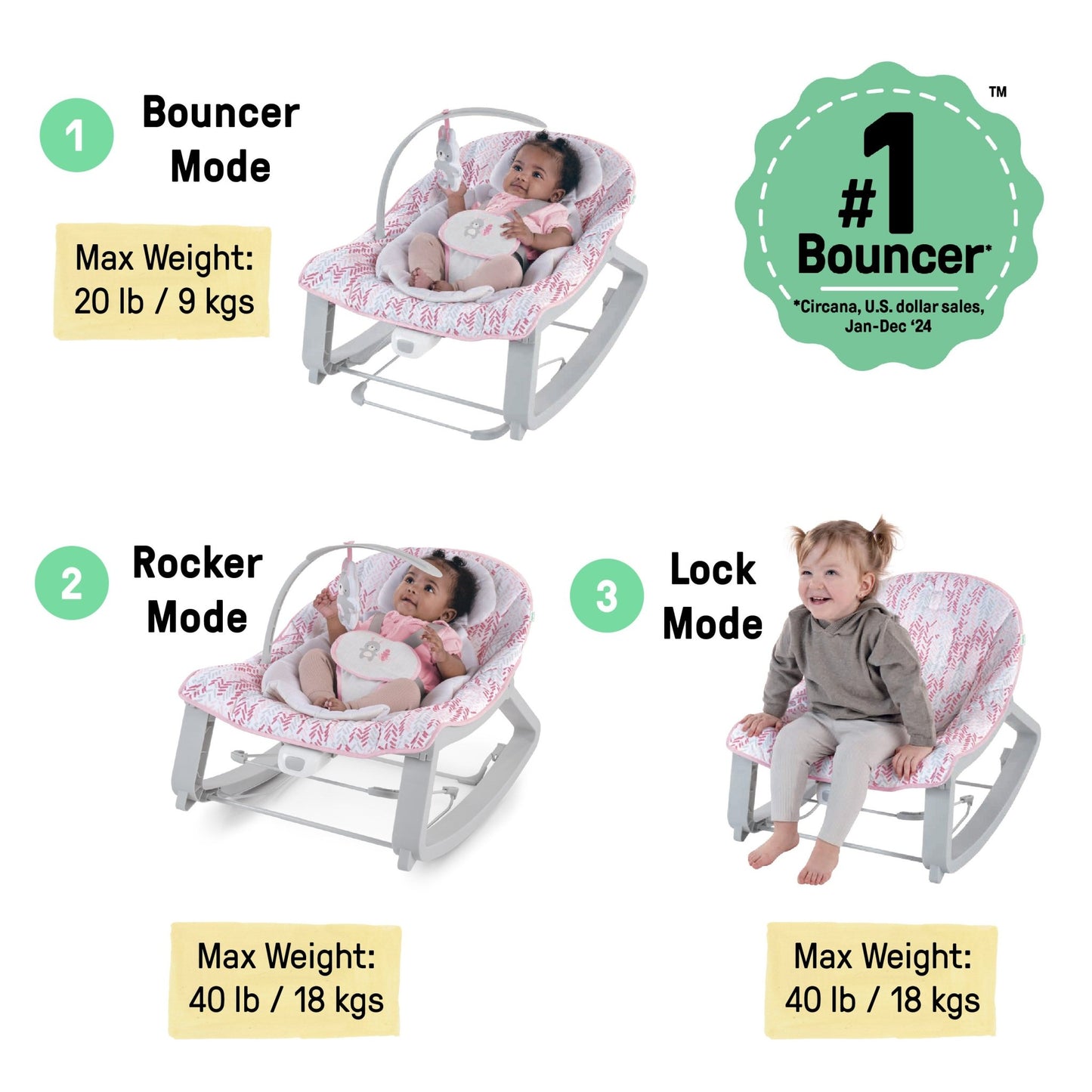 Ingenuity™ Keep Cozy™ 3 - in - 1 Grow with Me™ Bounce & Rock Seat - Lily™ - Premium for Kids in Qatar | Toysaro.com