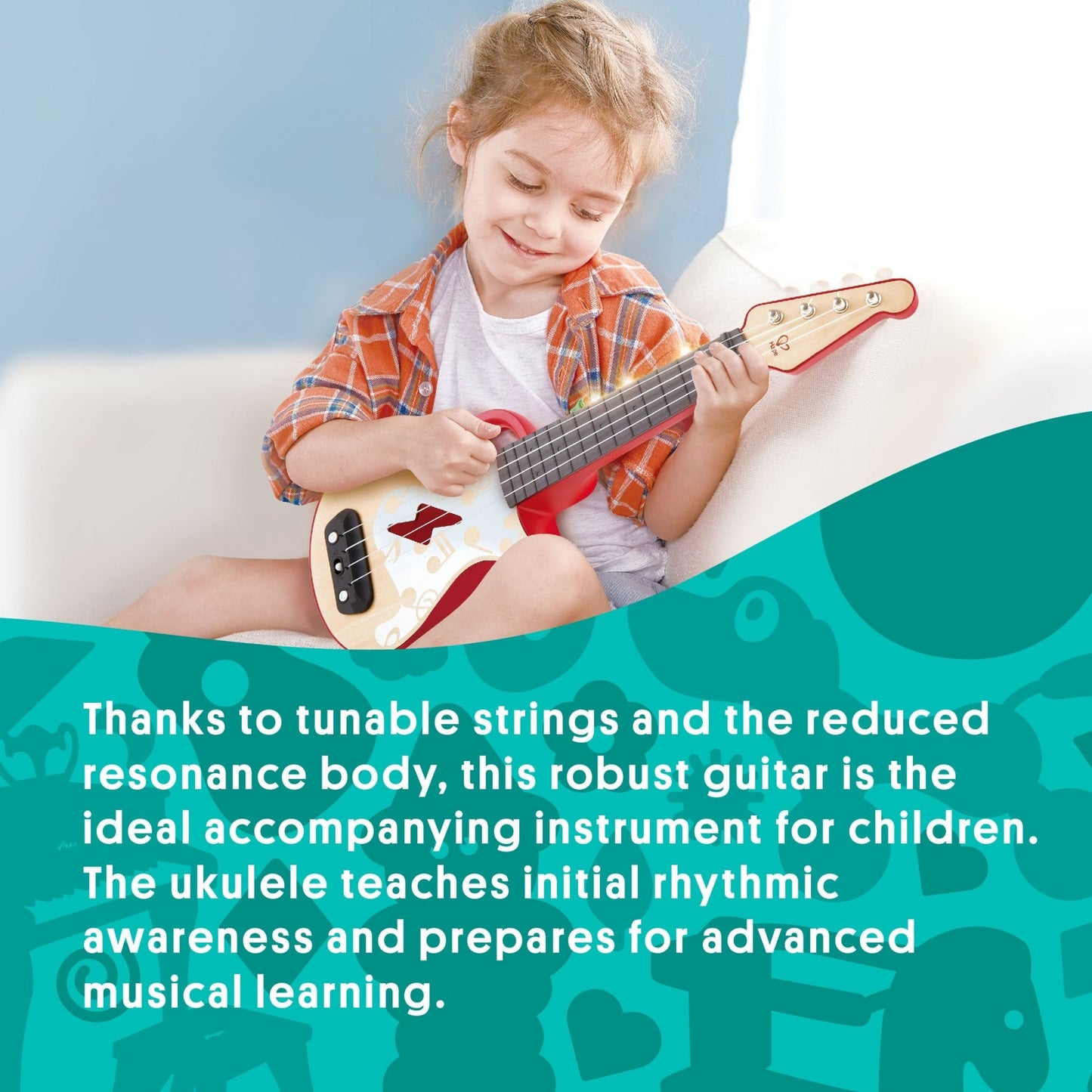 Hape Learn with Lights Electric Ukulele Wooden Instrument Red - Premium for Kids in Qatar | Toysaro.com