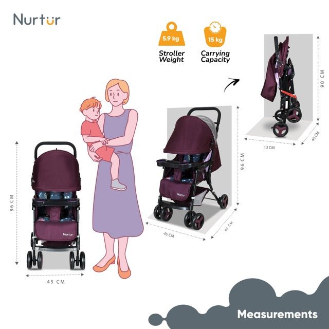 Nurtur Ryder Ultra Compact Lightweight Baby Travel Stroller with Storage Basket, Detachable Food Tray, Reclining Seat and Leg Rest, 0 - 36 Months, , Burgundy Printed - Premium for Kids in Qatar | Toysaro.com