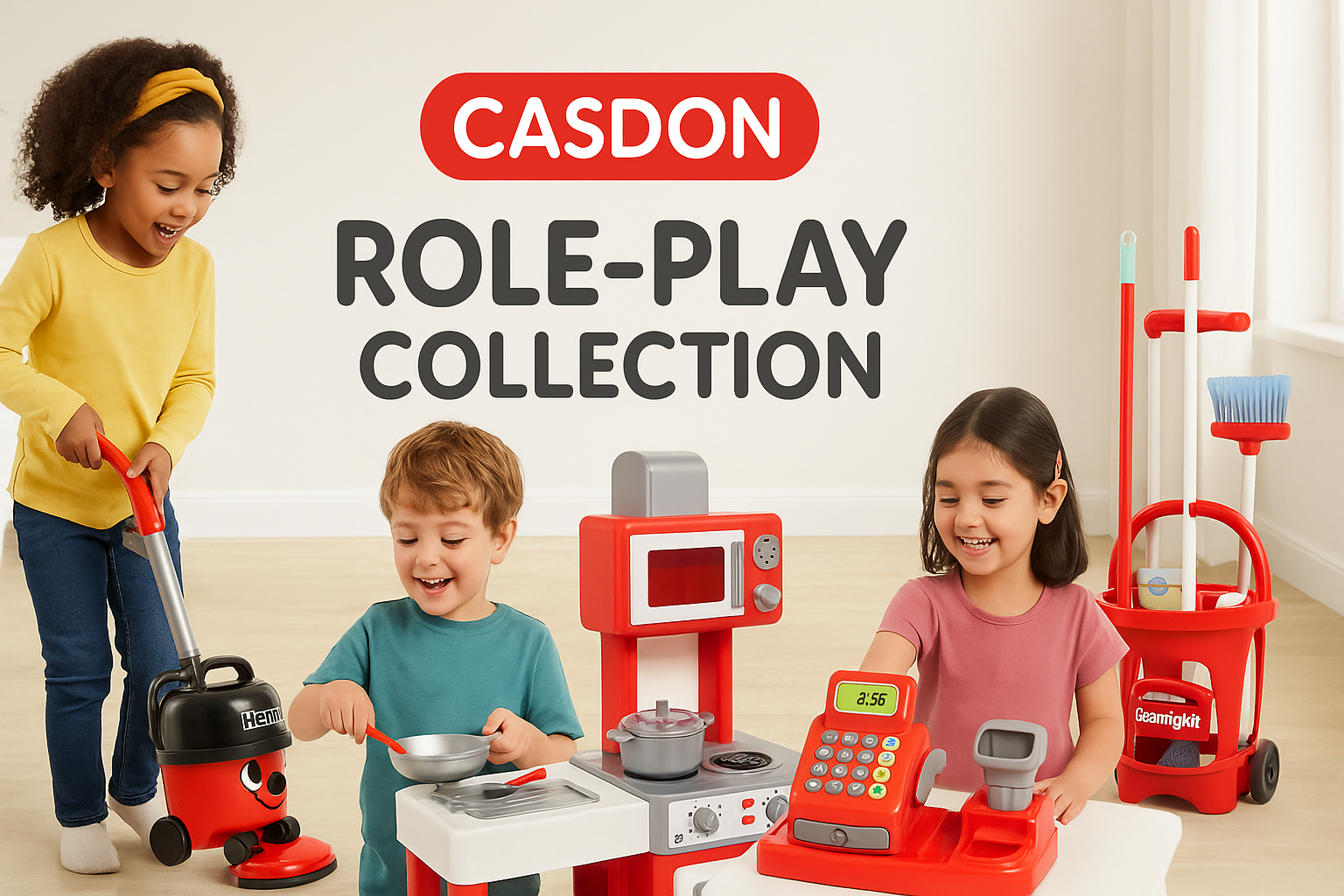 Wide horizontal web banner featuring children playing with Casdon role-play toys including vacuum cleaners, kitchen sets, supermarket tills, and cleaning kits in a bright home setting, with "CASDON ROLE-PLAY COLLECTION" text in a friendly, rounded font